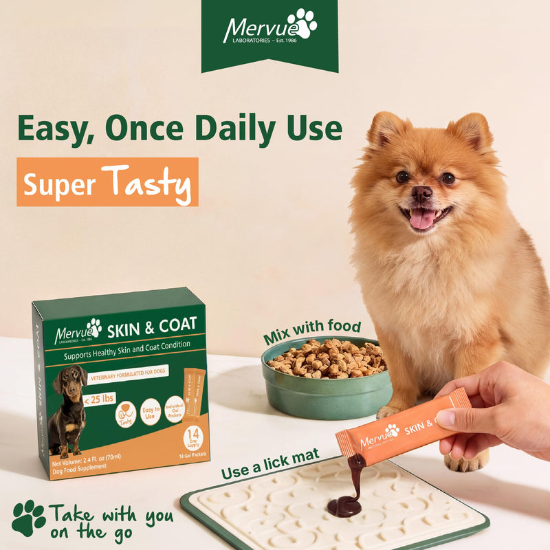 Mervue Skin and Coat Supplement for Dogs – Small Dog Omega 3 Supplement in Gel w/Zinc & Biotin to Support Gut Health – Tasty Daily Dog Multivitamin Packs for Normal & Sensitive Skins (14 x 5ml) Small Dog (14 x 5ml)