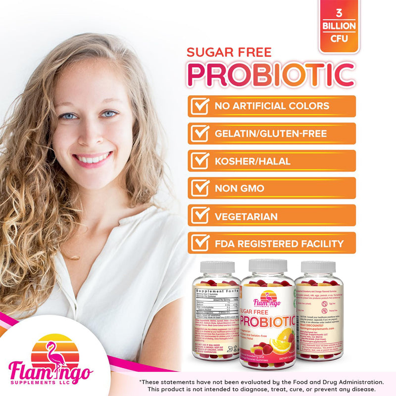 Flamingo Supplements Sugar-Free Probiotic Gummies (3 Billion CFU) – Kosher, Halal & Vegan – Digestive Support for Women, Men & Kids – 90 Count
