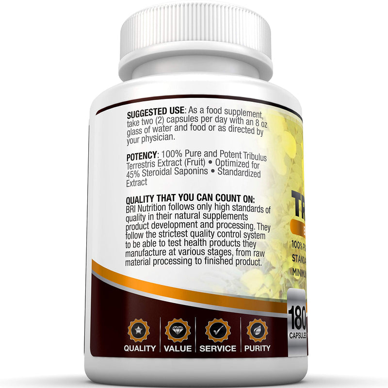 BRI Nutrition Tribulus Terrestris - 180 Count 45% Steroidal Saponins - Highest Purity On The Market - 1500mg Maximum Strength Bulgarian Tribulus - 90 Day Supply - BeesActive Australia