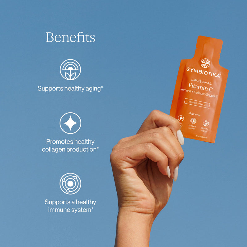 CYMBIOTIKA Liposomal Vitamin C 1000mg with Biotin for Skin | Bioavailable vitamin C & biotin for immunity, collagen & healthy aging. Enhanced absorption. Orange Vanilla, 28 pouches.