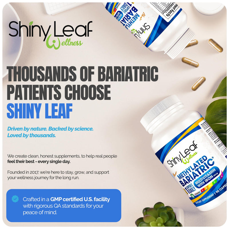 Shiny Leaf Bariatric Multivitamin with Iron 45 mg, Once Daily, 180 Count | Vitamins A, D, E, K, methylated folate and B12, meets ASMBS guidelines, vegetarian, soy-free, easy-swallow capsules 90 Count (Pack of 2)
