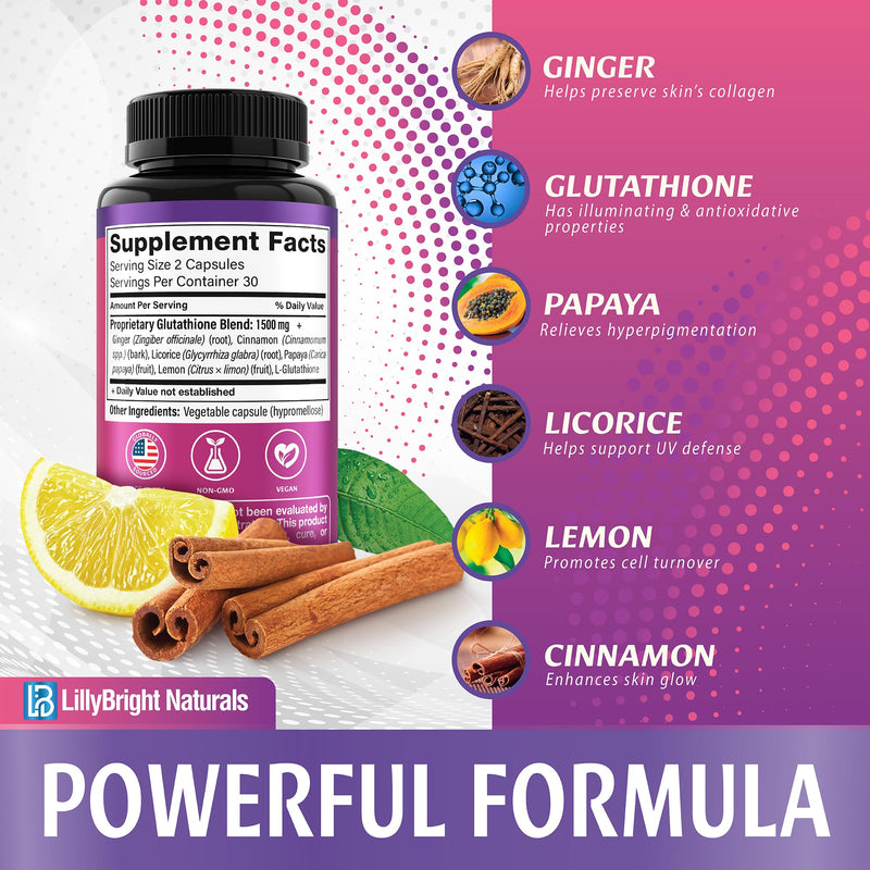 Glutathione Capsules - 1500mg Blend with L-Glutathione & Ginger, 60 caps | Beauty & Skin Support* Supplement - Supports Healthy & Radiant-Looking Skin*