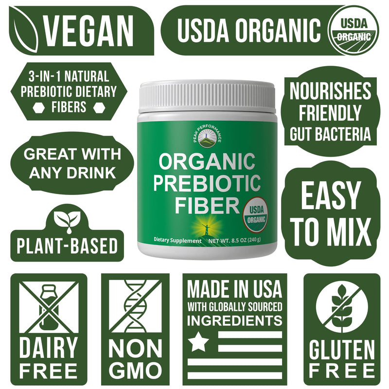 USDA Organic Prebiotic Fiber 3-in-1 Vegan Powder for Gut Health | Raw Whole Food Plant Based Prebiotics Digestive Supplement with Inulin (Jerusalem Artichoke), Acacia Fibers, SunFiber (240g)