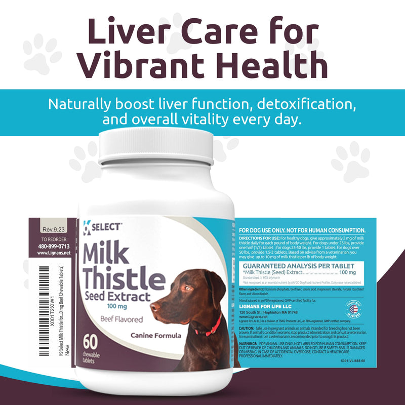 K9 Select Milk Thistle for Dogs, 100mg - 60 Beef Flavored Tablets - Canine Liver Health Natural Milk Thistle Supplement - PawsPlanet Australia