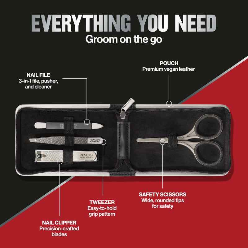 Revlon Men's Grooming Kit, 5-Piece Travel Essentials Set, Includes Nail Clippers, Scissors, File, Tweezers and Carrying Case, Stainless Steel, 1 count - BeesActive Australia