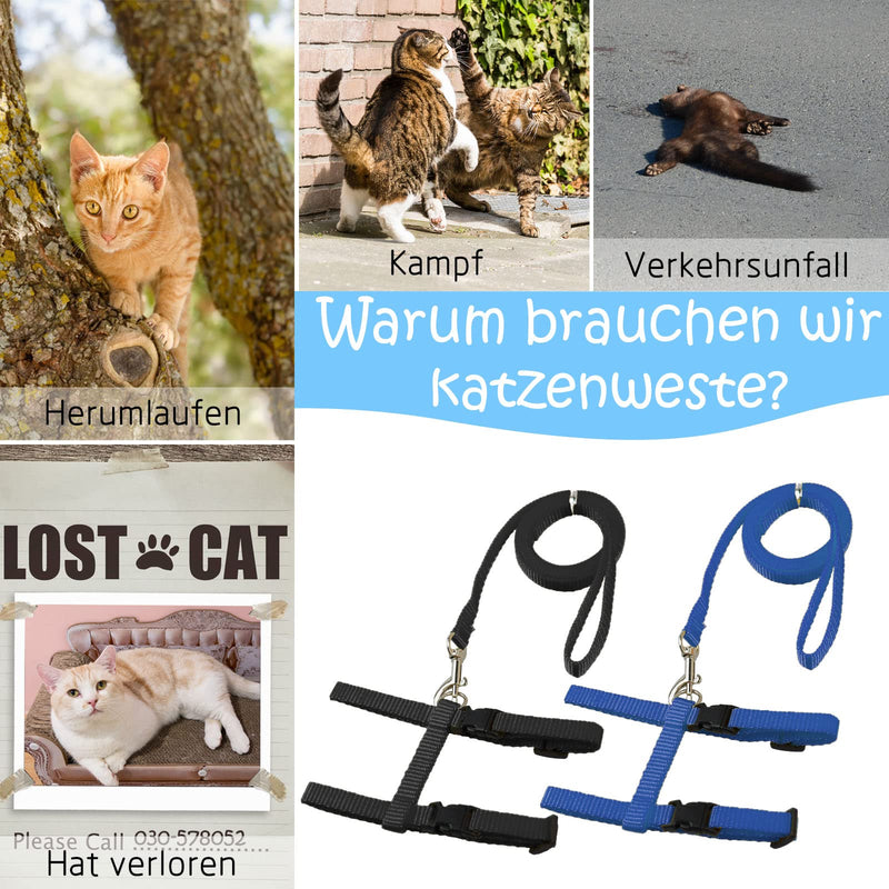 Pack of 2 Adjustable Nylon Harnesses Cat Leash, Harnesses Cat Leash Kitten Collar, Blue Soft Cat Harness with Leash for Kitten Puppy Rabbit Rabbit Black + Blue - BeesActive Australia