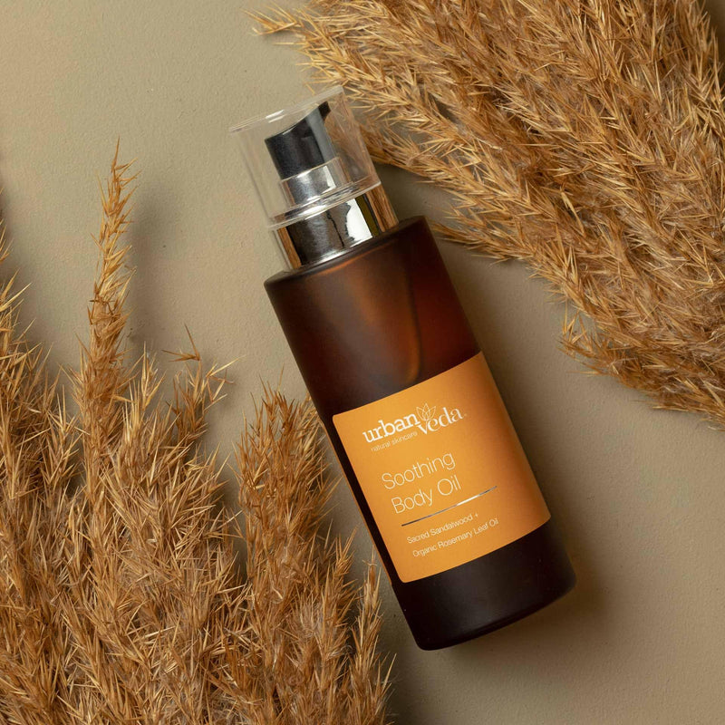 Urban Veda Soothing Body Oil | COSMOS Certified Body Massage Oil for Sensitive Skin | Organic Vitamin E Oil & Sweet Almond Oil for Skin | Calming and Soothing Body Oil for Women and Men | 3.40 Fl oz Sandalwood & Rosemary Oil