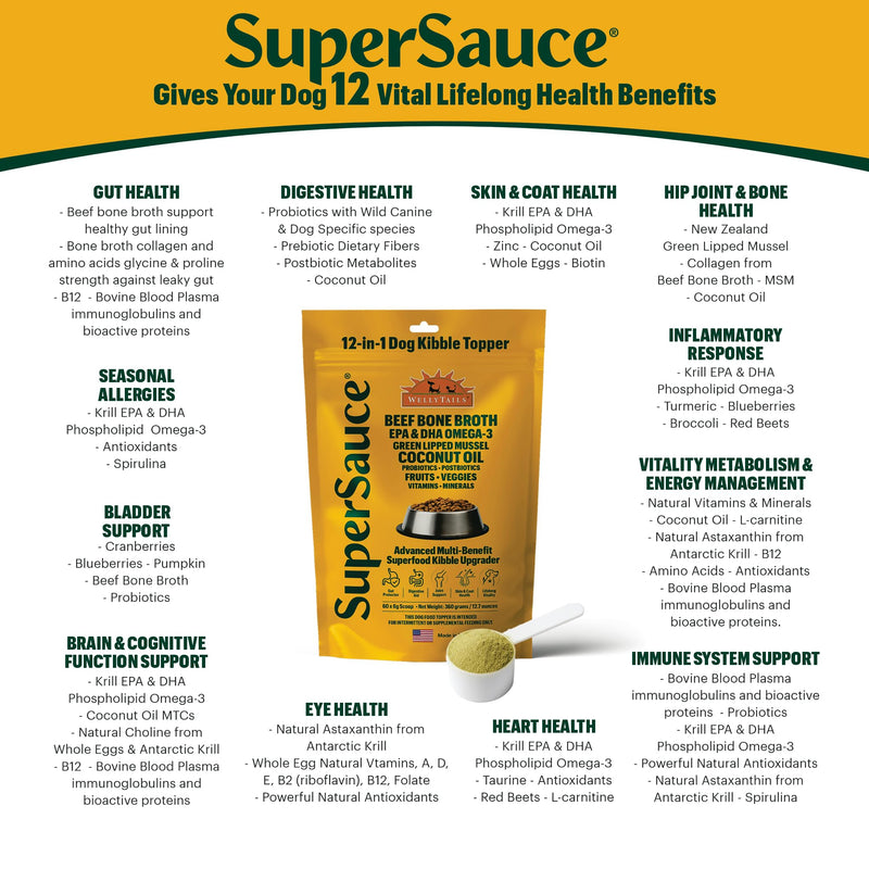 SUPERSAUCE Dog Probiotics, Bone Broth, Superfoods & Multivitamins, 12 in 1 Dog Food Topper Powder Supplement. Supports Healthy Joints, Skin, Digestion and Immune System