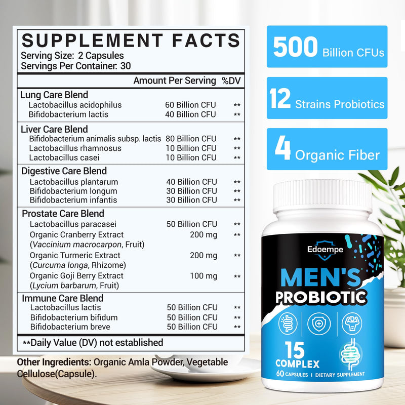 Probiotics for Men, 500B CFUs 12 Strains, Gut & Digestive 60 Caps | Cranberry, Goji, Turmeric & Amla Deliver Prostate, Urinary Tract, Immunity & Energy Support For Total Men'S Daily Wellness 60 Count (Pack of 1)