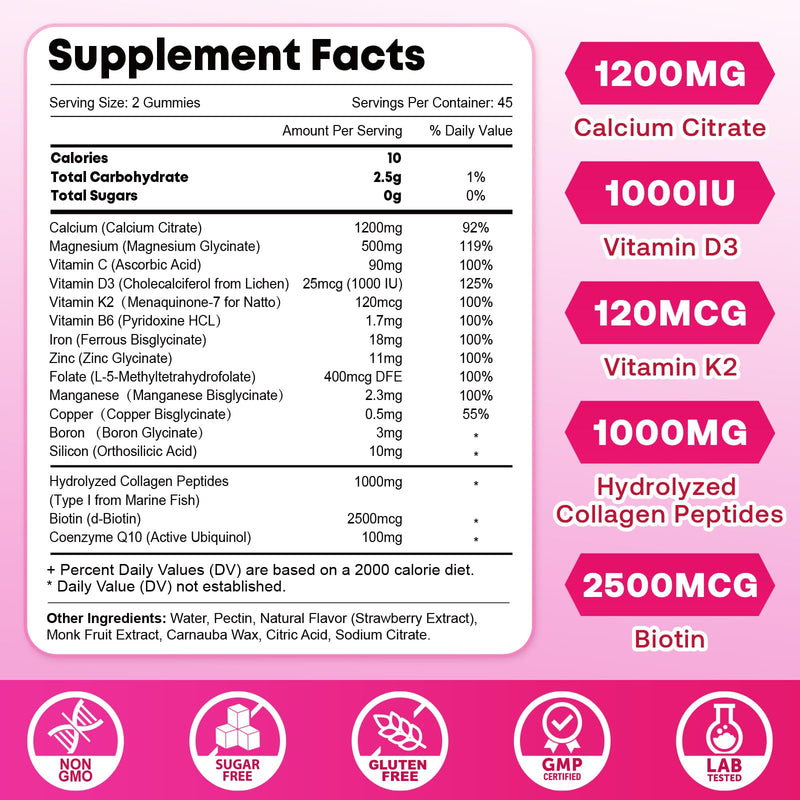 Calcium Gummies for Women, Calcium Citrate 1200mg with Vitamin D3 K2, Collagen & Biotin, B0ne, Teeth, Immune & Hormone Support, Sugar Free, Non-GMO, Gluten-Free, Strawberry Flavor, 90 Count 90 Count (Pack of 1)