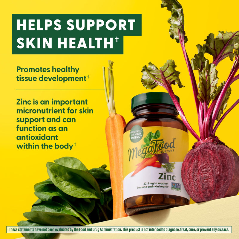 MegaFood Zinc - Immune Support Supplement - High Potency Fermented Zinc Supplements with Nourishing Food Blend - Vegan, Non-GMO, Gluten-Free, and Kosher - Made Without 9 Food Allergens - 60 Tabs 60 Count (Pack of 1) - BeesActive Australia