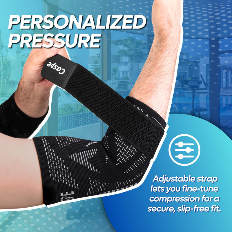 Caspe 2 Pack Elbow Compression Sleeve with Strap – Compression Sleeves for Women & Men, Arm Support, Elbow Brace for Tendonitis Relief, Support for Weightlifting & Workouts (Black) Large