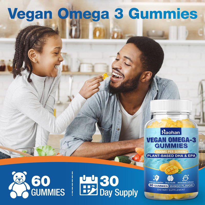 Omega-3 Gummies for Adults, Orange Flavor – Sugar-Free, Algae-Derived DHA 600mg & EPA 300mg, with Vitamins A, C, E, Zinc, 60 Gummies