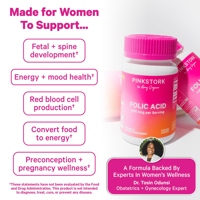 Pink Stork Folic Acid Supplement for Women – 400mcg, Daily Vitamin B9 for Prenatal & Fertility Support, Supports Red Blood Cell Formation & Energy – 30 Vegetarian Capsules - BeesActive Australia