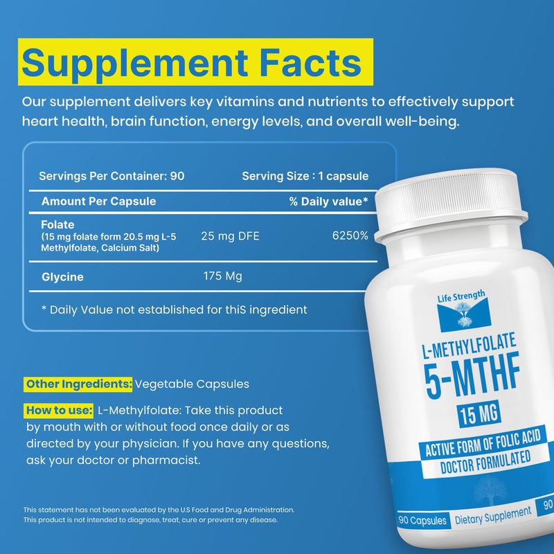 L-Methylfolate 15mg | 90 Capsules | Optimized & Highly Bioactive Methyl Folate Supplement | 5-MTHF Supports for Energy, Focus & Mood | Non-GMO, Gluten Free, Vegan | 3 Month Supply 15 mg
