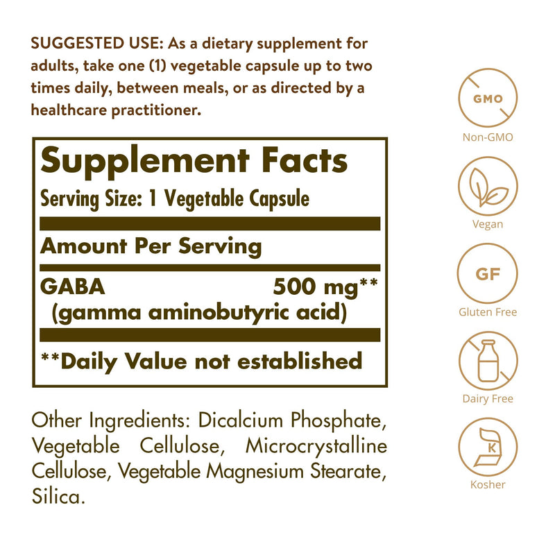 Solgar GABA 500 mg, 100 Vegetable Capsules, Nervous System Support | Amino Acid - Non-GMO, Relaxation, Vegan, Gluten Free, Dairy Free, Kosher - 100 Servings