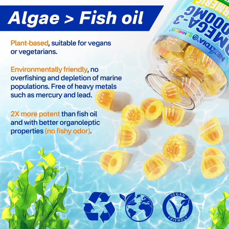 Vegan Omega-3 Gummies 1000mg + Turmeric - Omega 3 Fish Oil Alternative for Adults - Algae DHA 600mg & EPA 300mg, Vitamins A, C, E, Zinc & MSM, Sugar Free, 60 Cts 60 Count (Pack of 1) - BeesActive Australia