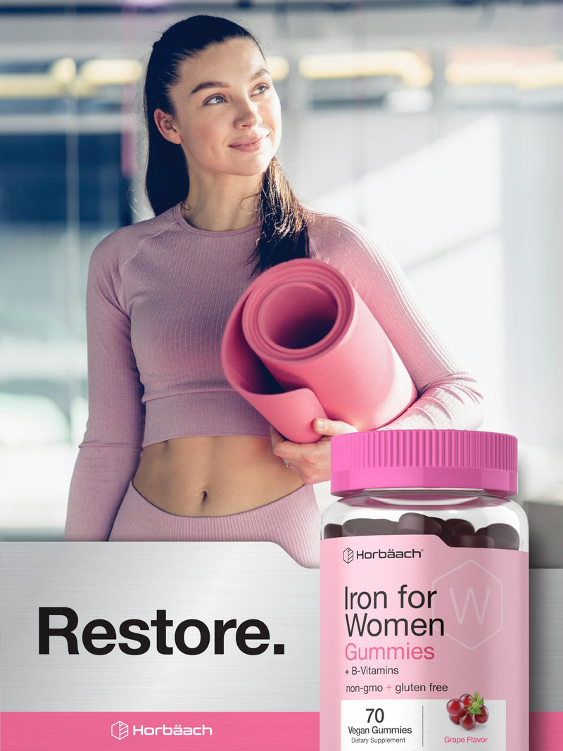 Horbäach Iron Gummies for Women | 70 Count | Grape Flavor | Supplement with B Vitamins Folate and Zinc | Vegan, Non-GMO & Gluten Free