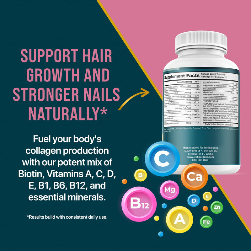 Hair Skin and Nails Vitamins with Biotin 5000mcg, Horsetail, Bamboo, Saw Palmetto, Supports Hair Growth, Strong Nails, Healthy Skin for Women and Men, Sugar Free, Non-GMO, 60 Capsules