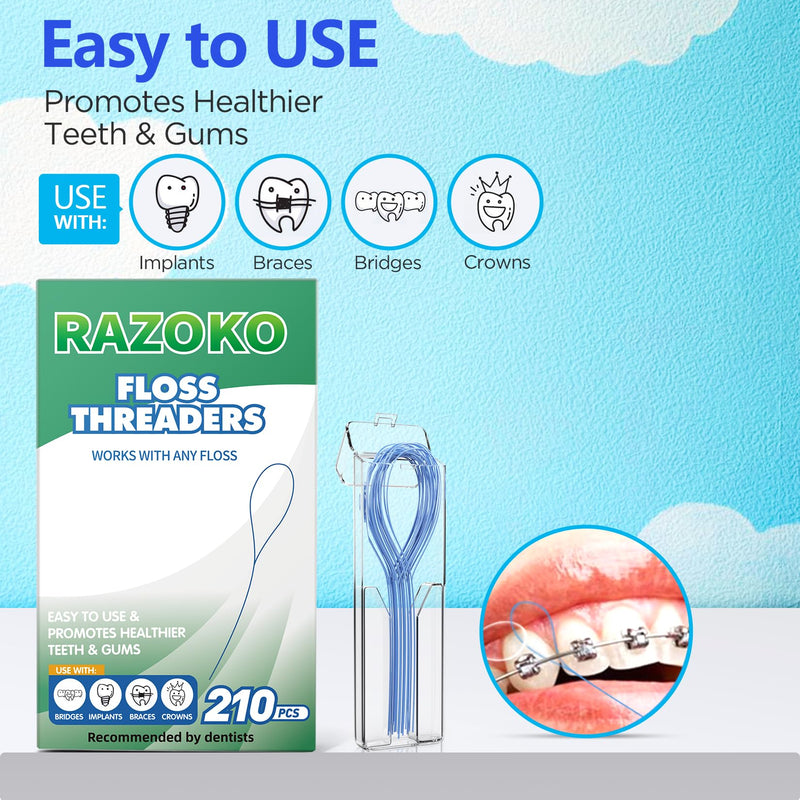 RAZOKO Floss Threaders | Dental Floss Threaders for Braces, Bridges, and Implants |210PCS (Pack of 3) 70 Count (Pack of 3)