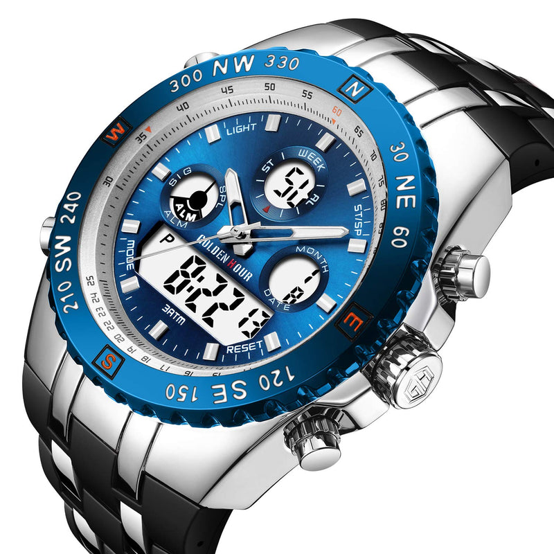 GOLDEN HOUR Luxury Military Sports Men's Watches Large Size Big Face 3ATM Waterproof, Stopwatch, Date and Date, Alarm, Luminous Digital Analog Wrist Watch with Rubber Band silver blue
