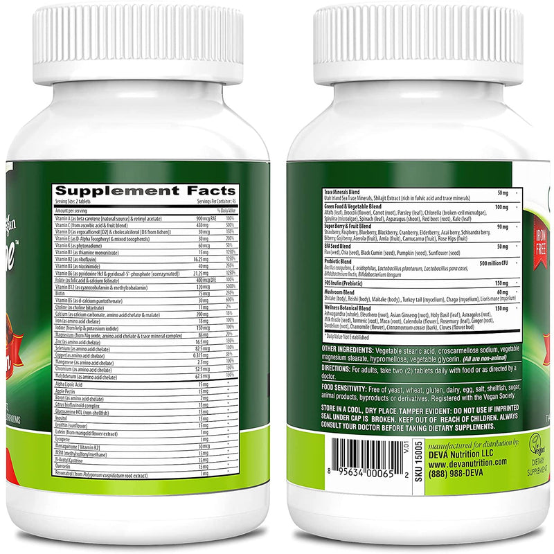 DEVA Tuba Prime Vegan Multivitamin High-Potency Vitamin and Mineral Dietary Supplement Antioxidants, Fruit and Vegetable Blend, Super Mushrooms, Probiotics, Prebiotics, Seeds, Herbs - 90 Tabs, 2-Pack 90 Count (Pack of 2)