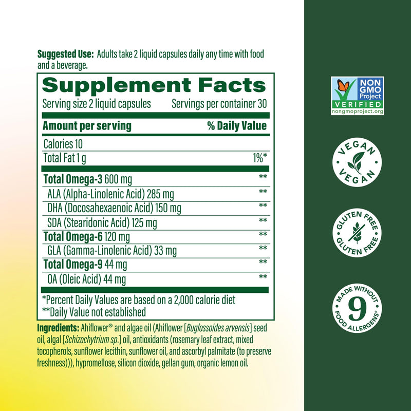 MegaFood Algae Omega 3 6 9 for Heart, Brain & Vision Support, 60 Capsules | Burp-Less Supplement, 600 mg Plant-Based Omega 3 and 150 mg DHA Per Serving for Heart, Brain & Vision, Vegan, 30 Servings