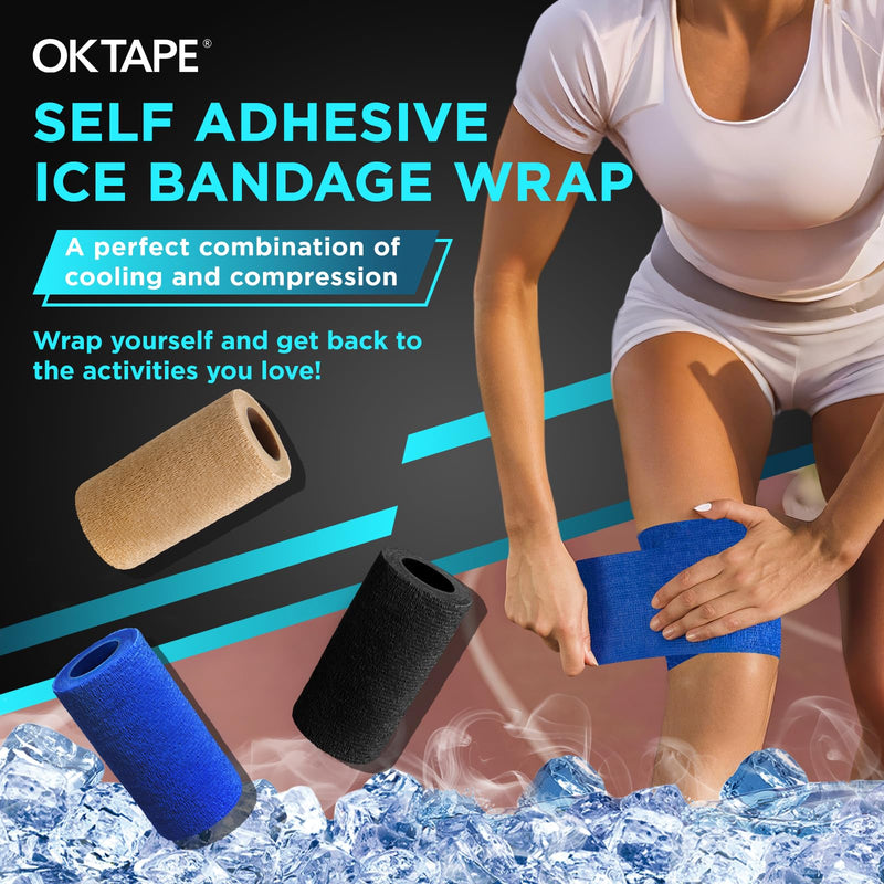 OK TAPE 2 Rolls Ice Self Stick Bandage Wrap, Instant Cold Relief for Knee, Ankle, Wrist, Cold Compress Elastic Athletic Tape for Sports Injuries, No Refrigeration Needed, 4 Inch Wide, Navy Blue - BeesActive Australia