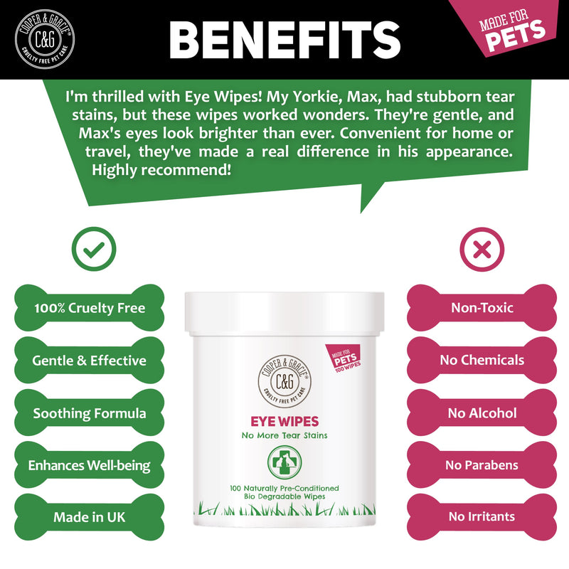 Dog Eye Wipes | Tear Stain Remover For Dogs Eyes By Cooper and Gracie | Remove Dog Eye Crust & Eye Discharge | Biodegradable Pre-soaked Textured | Safe & Easy Cleaning For Dogs & Cats | Pack Of 100