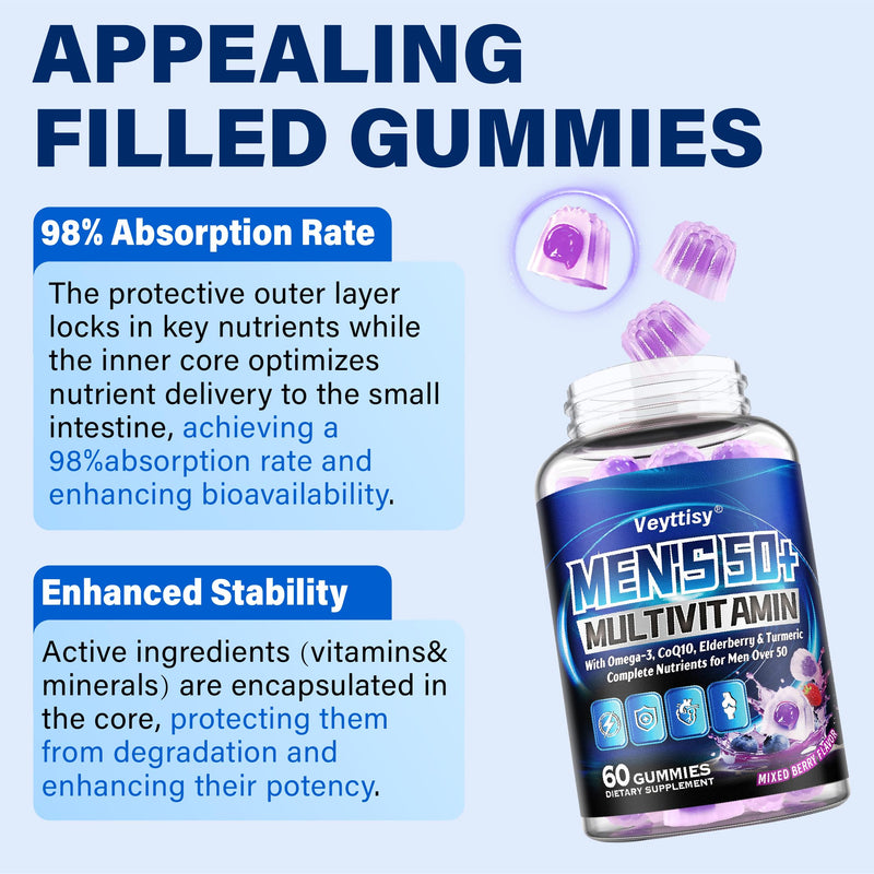 Sugar Free Multivitamin Gummies for Men 50 plus - Methylated Multivitamin | with Omega-3, CoQ10, Elderberry & Turmeric - Gentle on The Stomach, Vegan, Non-GMO, Gluten-Free, 120 Gummies Mixed Berries 60 Count (Pack of 2)