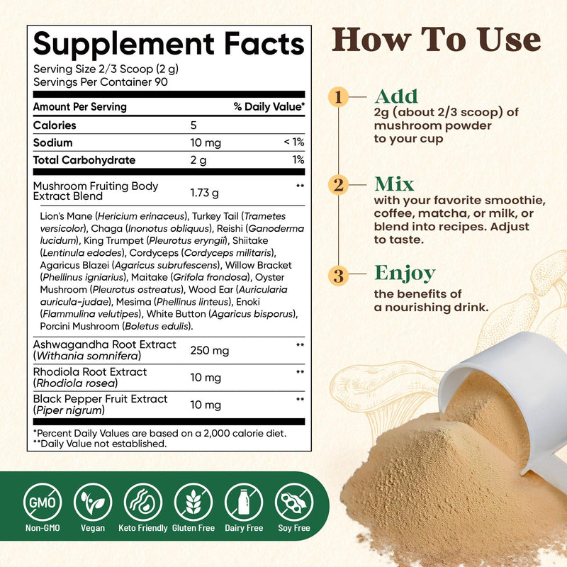 Fidus 16 Mushroom Supplement Powder with 17,300mg, 90 Day Servings Mushroom Coffee Alternative for Immunity, Focus & Energy with Ashwagandha, Lion's Mane, Chaga and Reishi, 100% Fruiting Bodies 6.7 Ounce (Pack of 1)