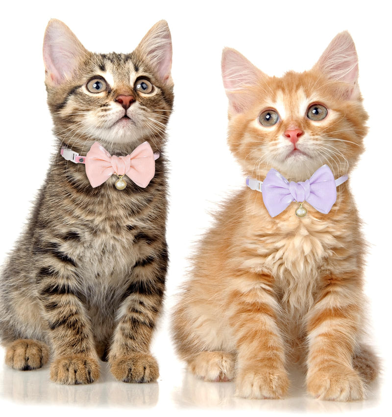 Cat Collar Bow Tie, 2 Pack Silk Pink Cat Collar Bow with Bell, Adjustable Breakaway Kitten Collars Soft and Cute Safety Collars for Girl and Boy Cats(Pink & Purple) - BeesActive Australia