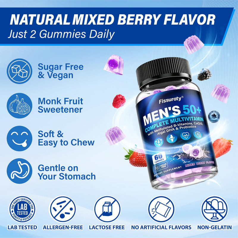 Multivitamin Gummies for Men 50+ - Sugar Free Methylated Multivitamin Gummy | with Methylated B-Vitamins, Omega-3 DHA, CoQ10 & Probiotics - Supports Memory, Energy, Immunity & Digestion - 120 Gummies Mixed Berry 60 Count (Pack of 2)
