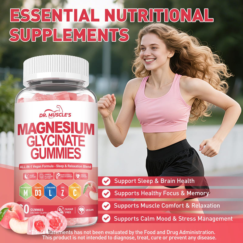 Magnesium Glycinate Gummies - Magnesium Gummies Complex for Kids & Adults | 421mg Magnesium - L-Threonate, Vitamin D3, Zinc, CoQ10, L-Theanine, Sugar-Free, Relaxation & Sleep Support, 60 Peach Gummies