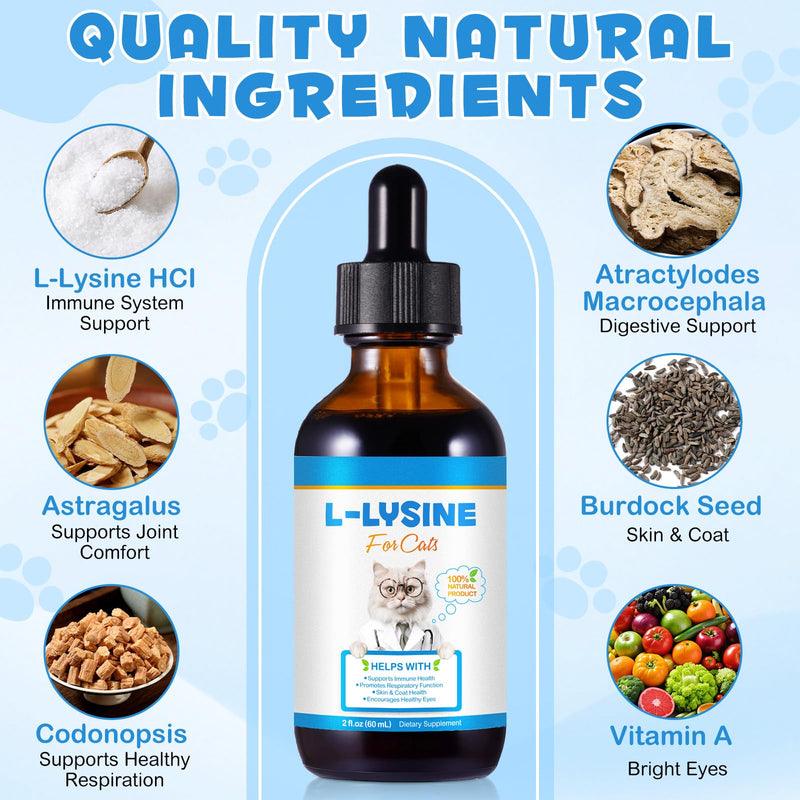 L-Lysine for Cats, Natural L-Lysine Supplement Supports Immune Health, Respiratory Function, Skin Care and Bright Eyes Cat Drops, Chicken Flavor, 60ML