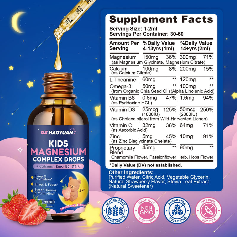 Kids Magnesium Liquid Drops - Magnesium Glycinate Drops for Kids, Citrate Liquid with Calcium, Omega-3, L-theanine, Zinc, Vitamin B6 D3 C for Sleep, Relaxation, Calm & Focus, Strawberry Flavor,4 Fl Oz 4 Fl Oz (Pack of 1)