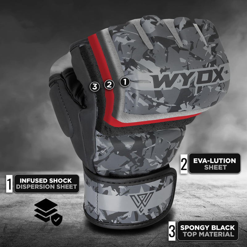 WYOX MMA Gloves for Men & Women – Grappling & Sparring Boxing Gloves with Open Palm Design, Padded Fingerless Training Gloves for Kickboxing, Muay Thai L / XL (21-27 cm) Grey Camo