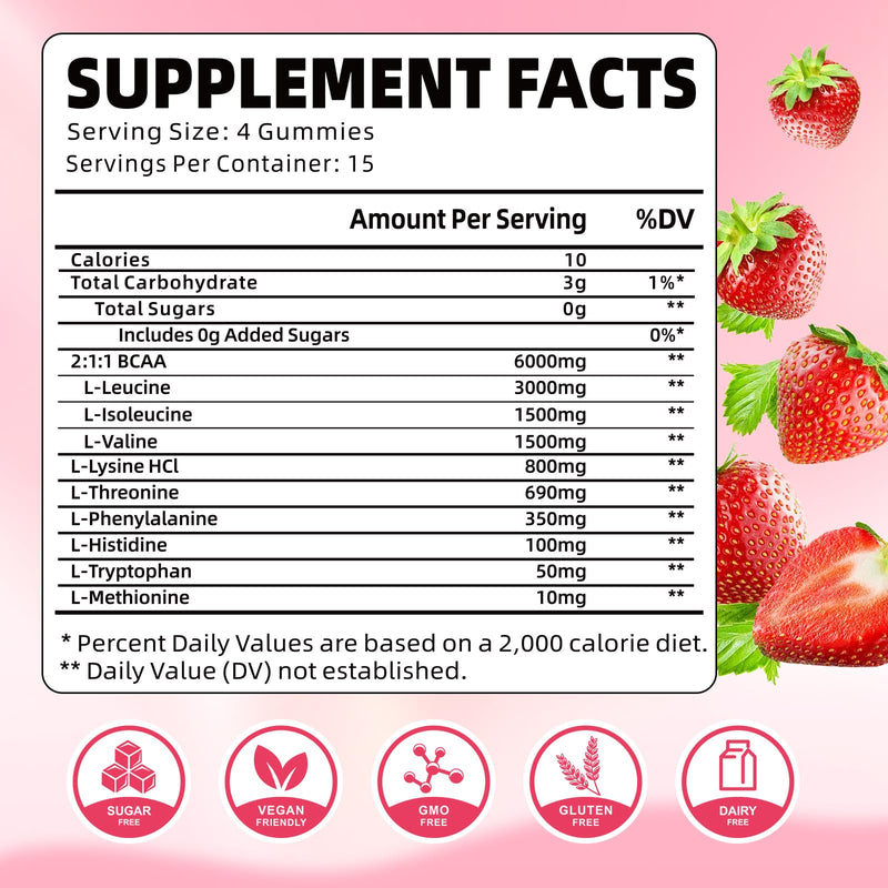 Pack of 2 EAA Gummies Essential Amino Acids - All 9 Essential Aminos (EAA) and All Branched-Chain Aminos (BCAAs) for Muscle Recovery, Energy Support, Strawberry Flavor, 120 Count 120 Count (Pack of 1)