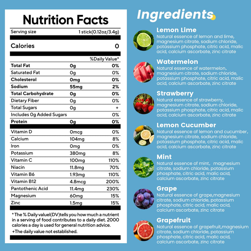 24 Sticks Electrolytes Powder Packets 7 Flavors Sugar Free Hydration Packets Liquid Daily IV Drink Mix, Low Sodium, Lemon Lime, Watermelon, Strawberry, Grape, Grapefruit, Lemon Cucumber, Mint 24 Servings (Pack of 1)