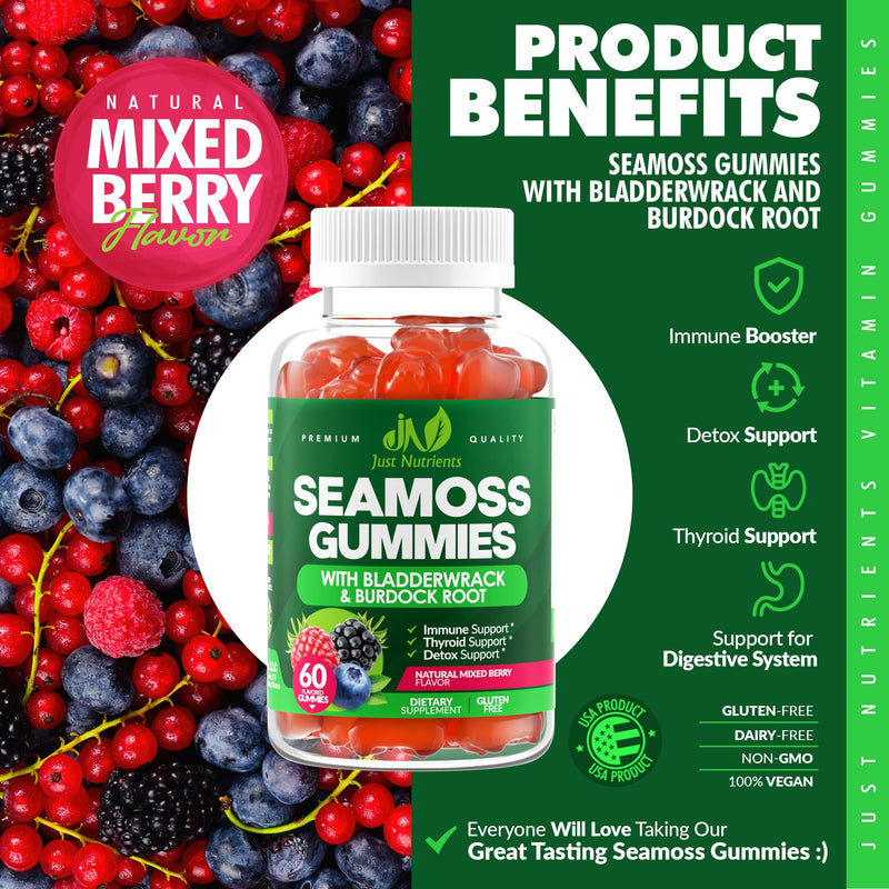 Sea Moss 3000mg Gummies with Bladderwrack and Burdock Root - Natural Irish Sea Moss for Immune, Thyroid and Detox Support - Extra Strength, Great Tasting - Gluten-Free, Vegan - 60 Gummies (Pack of 2) 60 Count (Pack of 2)