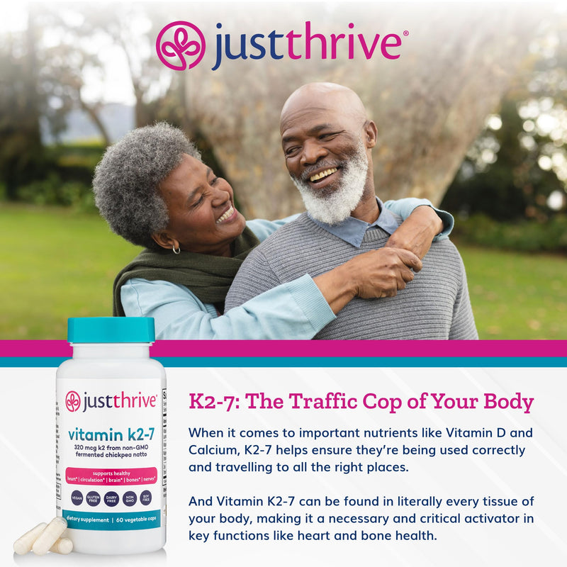 Just Thrive Vitamin K2-7 Supplement for Bone, Brain & Cardiovascular Health | 60 capsules, K2-7 formula, Supports bone strength, brain health, cardiovascular wellness and everyday whole-body vitality