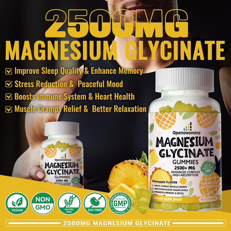 Magnesium Glycinate Gummies 2500mg - Sugar Free Magnesium Potassium Supplement with Vitamin D, B6, CoQ10 for Calm Mood & Sleep Support - 90 Pineapple Gummies 90 Count (Pack of 1)
