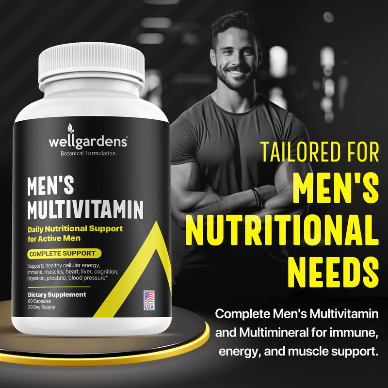 Mens Daily Multivitamin with Saw Palmetto, Lutein & Lycopene, Energy, Immune & Male Health Support, Vitamins A, C, D, E, B12, Zinc, Magnesium, Non-GMO, Gluten Free, 60 Capsules