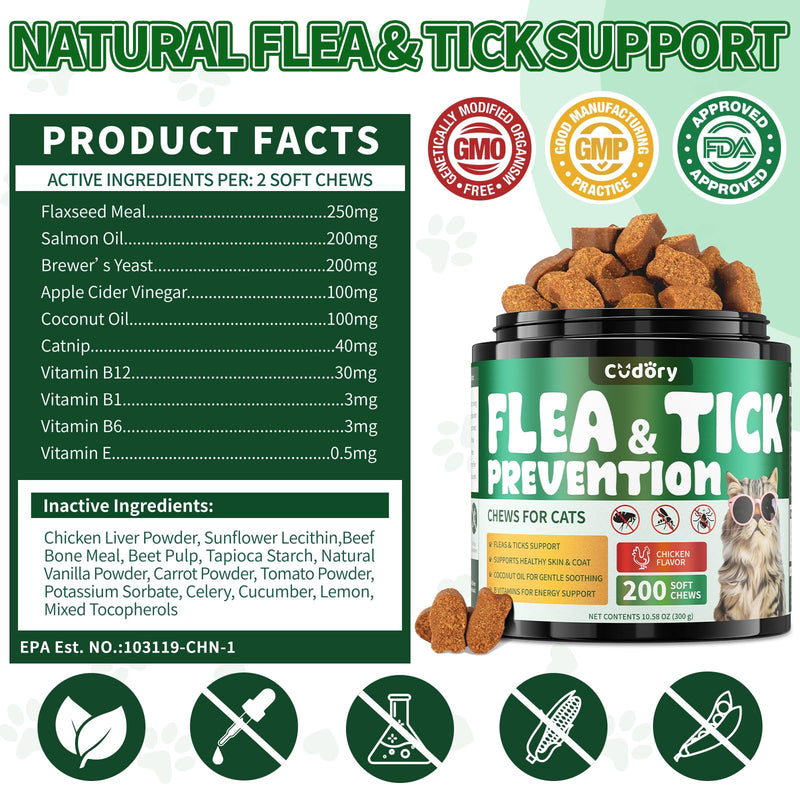 Flea and Tick Chews for Cats - 200 Soft Chews Natural Flea Tick Support for Cat All Breeds & Ages - Nourishes Skin & Coat Health - Energy Support - Chicken Flavor Soft Chew