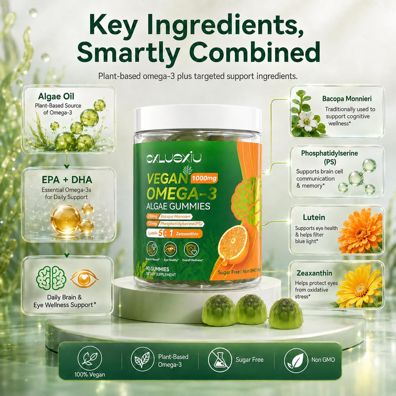 Vegan Omega 3 Gummies Supplements for Adults: Algal Omega 1600mg with DHA EPA Support Heart Joint Eye Brain Immune Health, Alternative to Fish Oil No Fishy Taste Sugar Free, 90 CT 90 Count (Pack of 1)