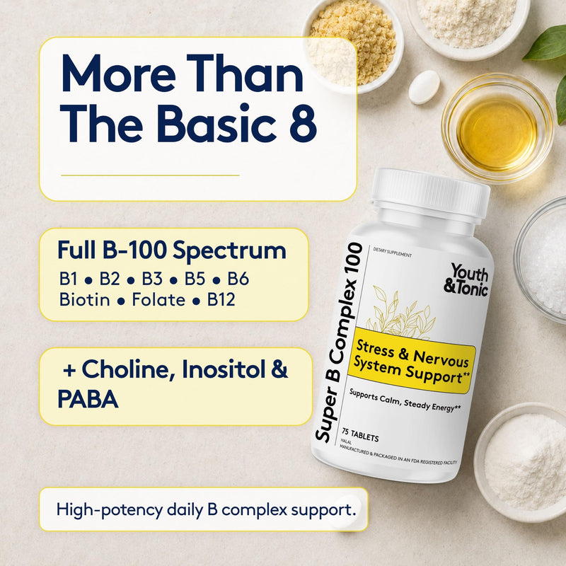Youth & Tonic Super B Complex 100, Stress B Complex, PABA B-100 Vitamins | Calm & Steady Energy, High Potency Vitamin B Complex (Complejo B) with Choline Inositol, Men & Women, 75 Tablets 75 Count (Pack of 1)