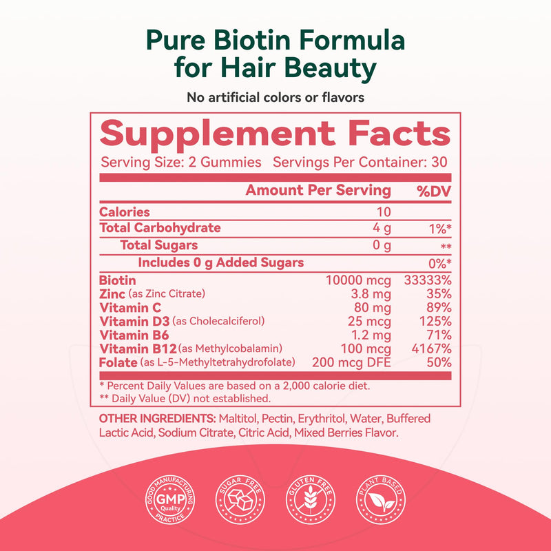 Inner Brightness Biotin 10,000mcg Gummies for Women - Hair Skin Nails | Hair, Skin & Nails Support with Vit C, D3, B12 & Folate - Sugar Free Mixed Berry Flavor, 120 Count (2 Pack Value) 60 Count (Pack of 2)