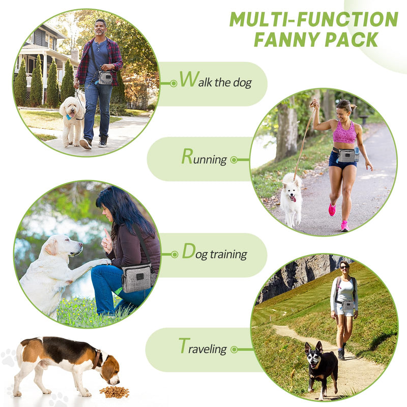 Large Dog Treat Pouch for Training with Magnetic Closure, Portable Dog Walking Fanny Pack Built-in Poop Bag Dispenser and Multiple Pockets, Includes Waist Belt Clip, Adjustable Shoulder Strap (Grey) Grey - BeesActive Australia