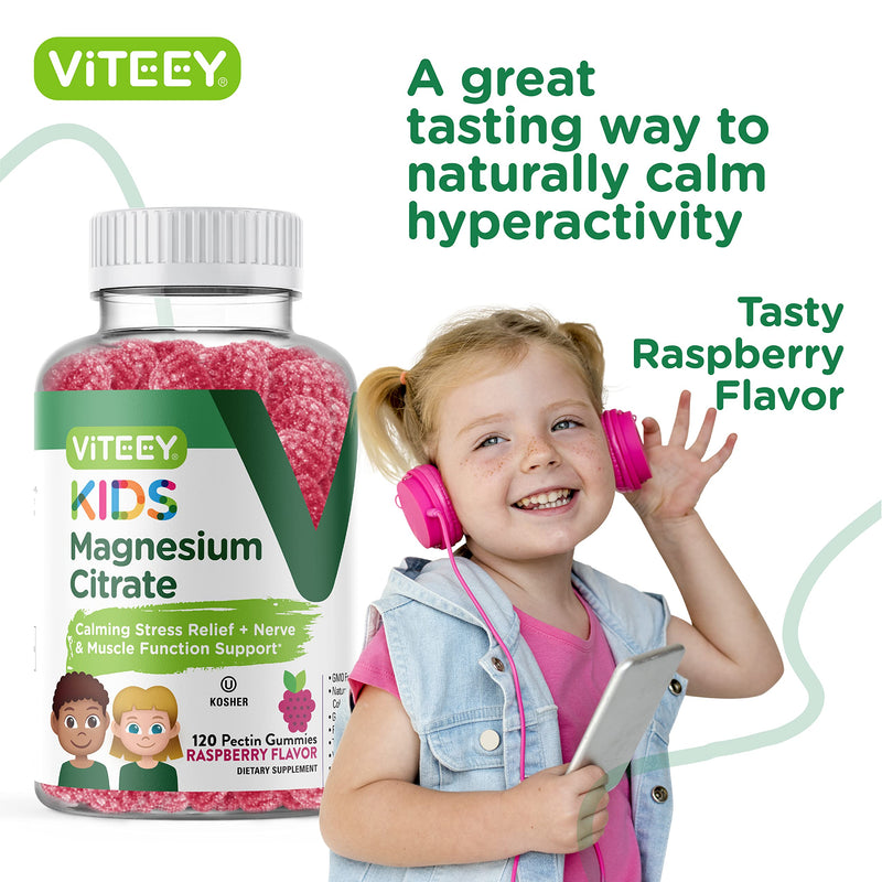 Viteey Kids Magnesium Citrate Gummies - Chewable Raspberry Flavored Gummy | Supports Sleep Aid, Calm Gummies, Muscle Relaxer, Optimal Relaxation - Vegetarian, Gelatin Free, Gluten Free, GMO Free 120 Count (Pack of 1)