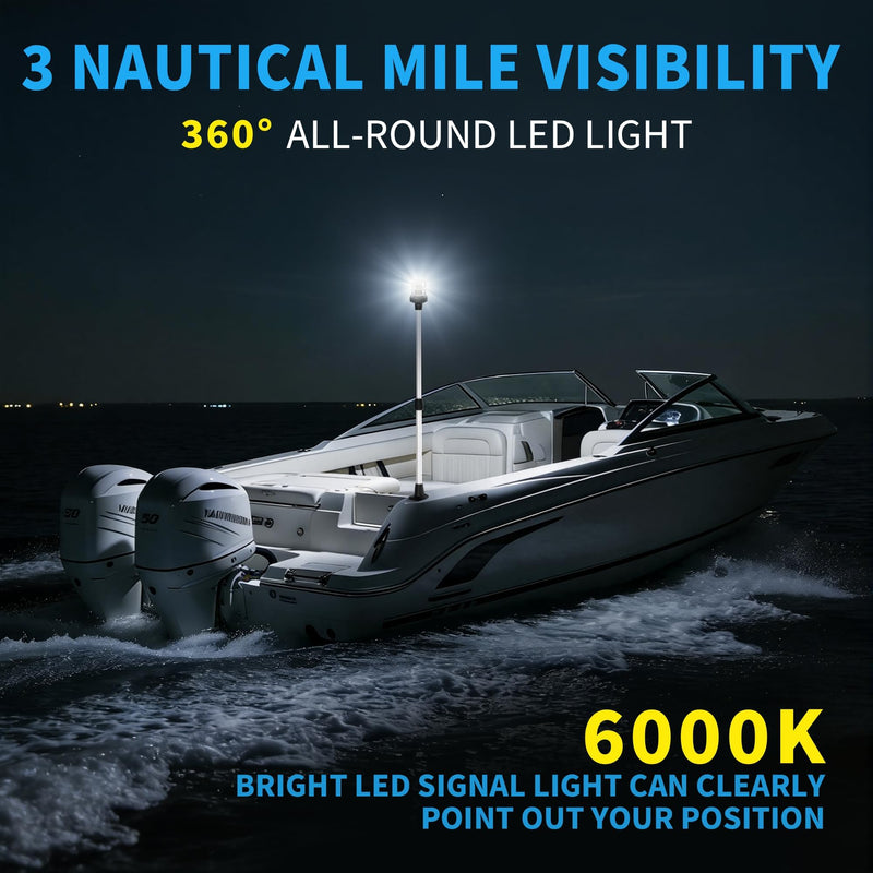 Obcursco Boat Stern Lights, Telescoping Pole 27"-48" LED Anchor Light with Base, 12V Adjustable 3NM 360° Navigation Lighting for Pontoon, Yacht, Bass, and Fishing Boats (27"-48", Silver) Silver 02 - BeesActive Australia